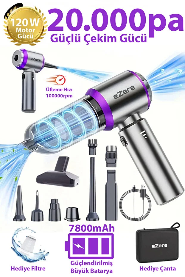 7800 mAh Güçlendirilmiş Pil 20000pa Güçlü Portatif Vakumlu Kablosuz Üflemeli Mini Araç Süpürgesi